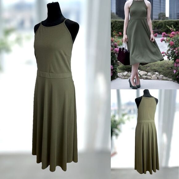 ANN TAYLOR Shaded Green Halter Flared Skirt MIDI Dress Size 14 - Picture 1 of 15